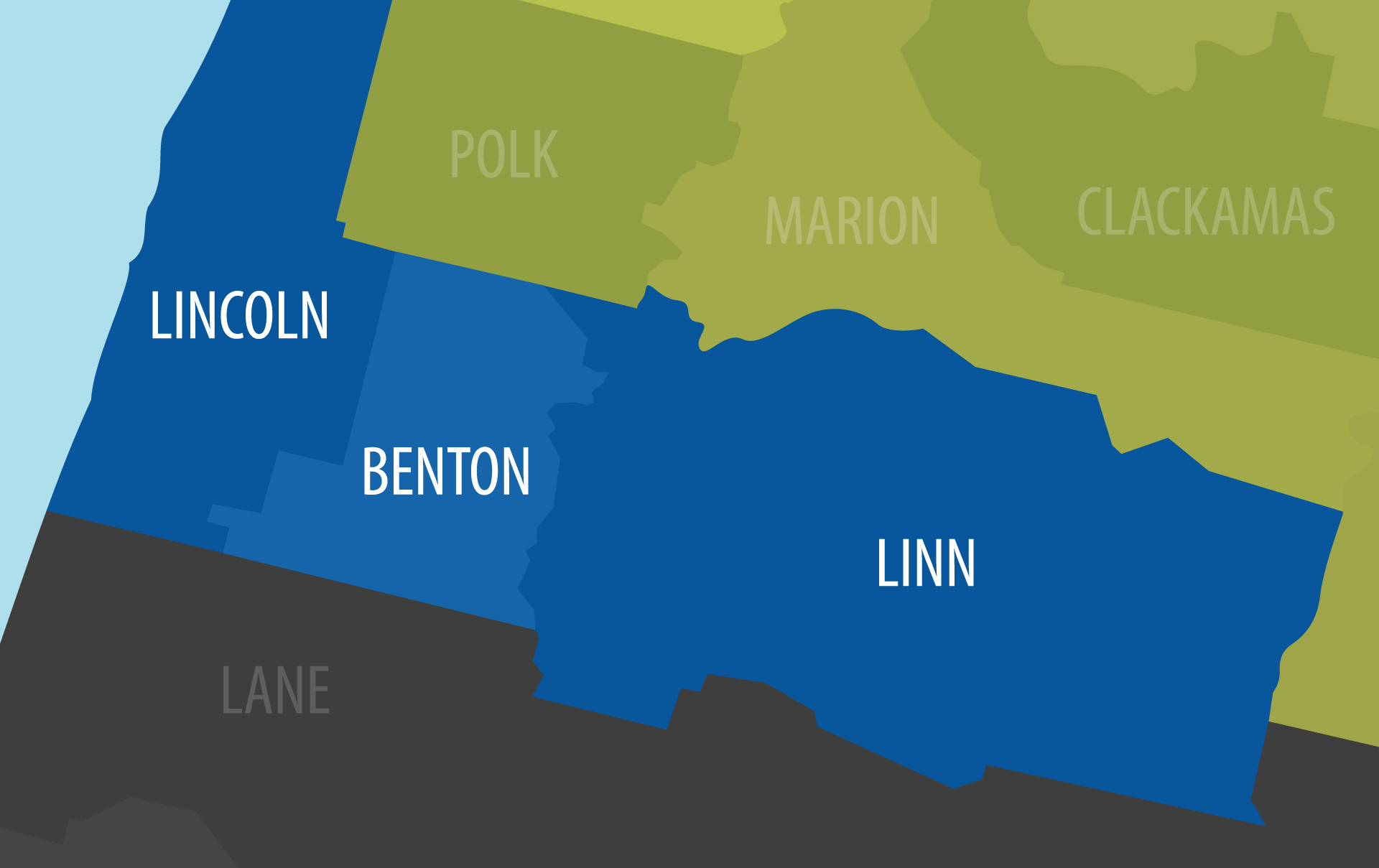 Map of Linn, Benton and Lincoln Counties in Oregon
